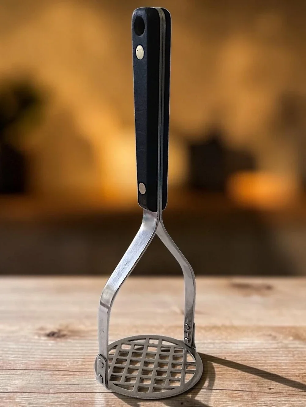 Vintage Flint Arrow Potato Masher Stainless Steel Black Handle USA Kitchen Tool